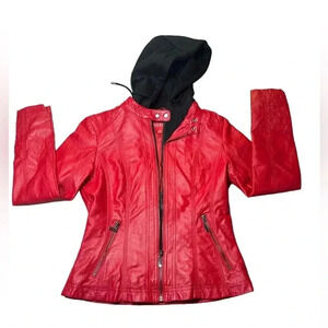 Guess Los Angelos faux leather coat jacket rock band concert zip warm hoody red